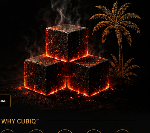 Three glowing coconut charcoal cubes with ember-red cracks and smoke